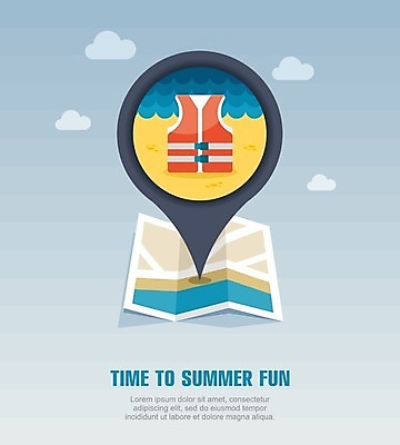 EPS 해외이미지 구름 바다 지도 일러스트 사람없음 여름 여름휴가 바캉스 구명조끼 해외202004 해외일러스트 자연요소 계절 휴가 구조용품 파일형식 벡터 여름_계절 이미지허브