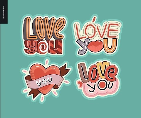 EPS 해외이미지 스티커 일러스트 사랑 타이포그라피 사람없음 세트 라벨 하트 민트색 해외202004 해외일러스트 모양 문자 감정 컬러 프레임 파일형식 벡터 이미지허브