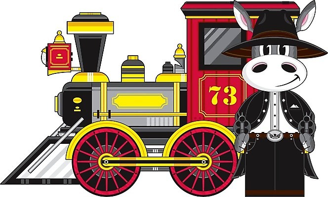 EPS 해외이미지 일러스트 교통시설 굴뚝 가축 총 기차 바퀴 카우보이 만화 호루라기 카우보이모자 당나귀 서쪽 해외202004 해외일러스트 동물 모자_잡화 무기 육상교통 교통 대중교통 말 방향 시설 파일형식 벡터 이미지허브