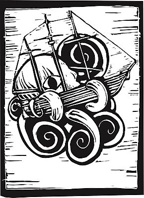 EPS 해외이미지 바다 일러스트 낚시 항해 수영 수확 오징어 복고 사냥 부리 문어 해적 촉수 목판화 몬스터 해외202004 해외일러스트 농업 배_교통 레저 연체동물 수중동물 수상스포츠 도둑 파일형식 벡터 이미지허브