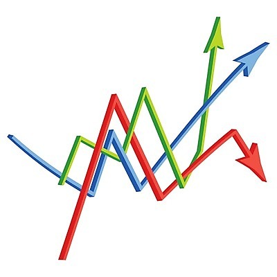 EPS 해외이미지 디자인 화살표 컨셉 일러스트 비즈니스 성공 그래프 사람없음 빨간색 초록색 파란색 성장 하락 방향 오브젝트 사인 흰배경 그림 상승 꺾은선그래프 교차 해외202004 해외일러스트 컬러 백그라운드 흰색 파일형식 벡터 이미지허브