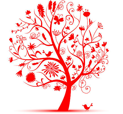 EPS 해외이미지 나무 디자인 꽃 나비 잎 일러스트 조류 사람없음 빨간색 봄 해외202004 해외일러스트 식물 동물 계절 컬러 곤충 파일형식 벡터 이미지허브