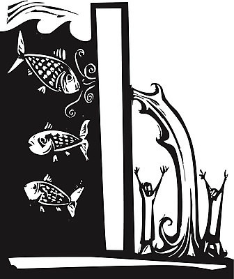 EPS 해외이미지 일러스트 어류 물 환경 댐 홍수 공포 가뭄 단절 목판화 재앙 해외202004 해외일러스트 자연요소 공공시설 날씨 수중동물 자연재해 파일형식 벡터 이미지허브