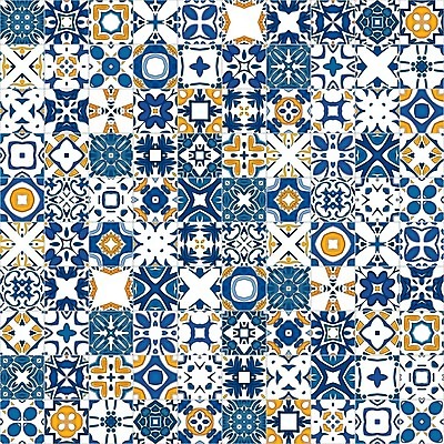 EPS 해외이미지 전통 디자인 패턴 오렌지 일러스트 벽지 추상 장식 파란색 흰색 포르투갈 타일 묘사 정사각형 모자이크 스페인어 아라베스크 엘리먼트 튀니지 해외202004 해외일러스트 도형 유럽 컬러 무늬 과일 아프리카 파일형식 벡터 이미지허브