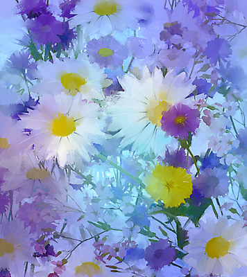 JPG 해외이미지 꽃 일러스트 사람없음 파란색 그림 데이지 손그림 유화 해외202004 해외일러스트 식물 컬러 미술 파일형식 이미지허브