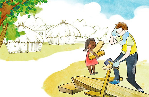 전신 PSD 외국인 나무 식물 여자 남자 어린이 캠페인 흑인 일러스트 주택 초가집 공사 서기 들기 사람 동양인 소녀 성인 두명 수건 봉사 도움 자원봉사자 망치 사회복지 사랑나눔 더불어사는사회 나무토막 국내일러스트 서양인 컨셉 모션 한옥 건설업 사랑 인종 건물 위생용품 공구 복지 나눔 파일형식