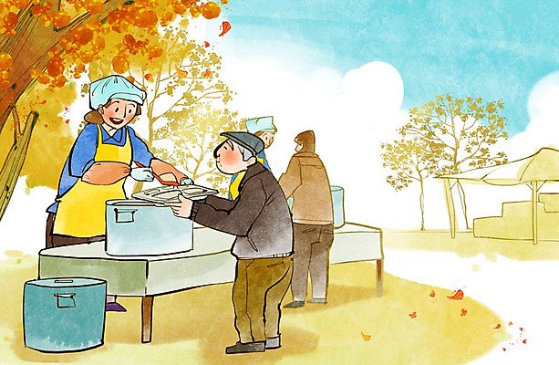 전신 PSD 나무 식물 여자 노년 남자 음식 캠페인 일러스트 탁자 밥 서기 들기 사람 여러명 성인 식사 봉사 도움 자원봉사자 냄비 사회복지 사랑나눔 더불어사는사회 천막 식판 급식 노인만 성인만 국내일러스트 가구 다수 컨셉 모션 사랑 솥 복지 나눔 파일형식