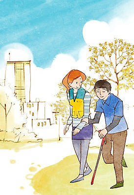 전신 PSD 나무 식물 건축물 여자 남자 캠페인 일러스트 지팡이 주택 서기 사람 성인 두명 봉사 도움 자원봉사자 사회복지 사랑나눔 더불어사는사회 부축 장님 성인만 국내일러스트 건축 컨셉 모션 사랑 건물 복지 나눔 파일형식