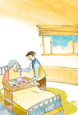 PSD 여자 노년 남자 할머니 음식 캠페인 일러스트 창문 병원 서기 들기 사람 앉기 상반신 성인 두명 숟가락 식사 침대 봉사 도움 블라인드 자원봉사자 먹여주기 간호 사회복지 사랑나눔 더불어사는사회 요양원 식판 노인만 성인만 국내일러스트 가구 컨셉 의학 모션 수저 사랑 커튼 먹기 복지 나눔 파일형식