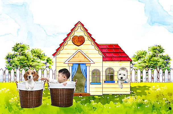 PSD 나무 동물 편집이미지 척추동물 육지동물 남자 두마리 포유류 주택 함께함 한명 동양인 잔디 야외 울타리 반려동물 바구니 귀여움 정원 한국인 아기 개 강아지 비글 개집 반려 남자만 남자한명만 아기만 남자아기만 남자아기한명만 이미지편집 식물 1 컨셉 2 사람 인종 건물 담장 애견용품 파일형식