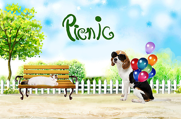 PSD 나무 식물 동물 편집이미지 척추동물 육지동물 손글씨 공원 두마리 벤치 포유류 함께함 사람없음 울타리 반려동물 선글라스 소풍 귀여움 고양이 개 강아지 비글 풍선 반려 이미지편집 공공시설 안경 컨셉 2 의자 담장 야외활동 파일형식