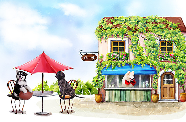 PSD 식물 동물 편집이미지 척추동물 육지동물 리본 화분 의자 공 포유류 탁자 휴식 나뭇잎 함께함 세마리 사람없음 반려동물 귀여움 카페 파라솔 개 강아지 알래스칸말라뮤트 사모예드 반려 이미지편집 가구 컨셉 잎 3 상점 파일형식