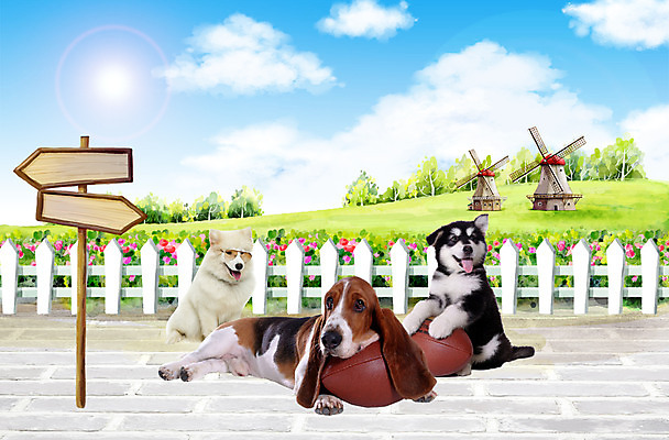 PSD 나무 식물 동물 구름 편집이미지 척추동물 육지동물 공원 꽃 화살표 안경 공 포유류 하늘 휴식 함께함 세마리 잔디 초원 사람없음 울타리 반려동물 햇빛 태양 귀여움 팻말 풍차 표지판 개 강아지 공놀이 바셋하운드 알래스칸말라뮤트 사모예드 반려 안경낌 이미지편집 자연요소 잡화 공공시설 컨셉 놀이 프레임 알림판 3 담장 하운드 파일형식