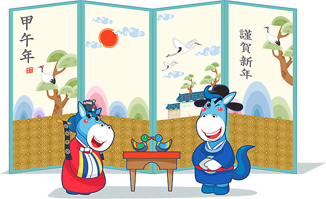 전신 나무 식물 동물 구름 캐릭터 신부 동물캐릭터 신랑 결혼 일러스트 탁자 조류 새해 오리 서기 사람없음 태양 마주보기 학 십이지신 말_동물 전통의상 한복 신년캐릭터 전통혼례 그림 말띠 2014년 병풍 갑오년 말캐릭터 일러캐릭터 AI파일 자연요소 한국전통 전통 가구 포유류 모션 이벤트 연도 전통의례 파일형식 벡터