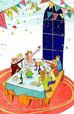 PSD 여자 남자 행복 음식 와인잔 의자 일러스트 창문 탁자 밤하늘 새해 주류 들기 사람 앉기 이벤트 여러명 상반신 성인 파티 새해인사 축하 인사 꽃가루 해피뉴이어 신년파티 성인만 국내일러스트 감정 음료 가구 다수 컨셉 술잔 모션 하늘 예절 야간 가루 파일형식