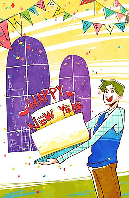 PSD 남자 행복 음식 일러스트 창문 밤하늘 새해 한명 서기 들기 사람 이벤트 상반신 성인 파티 케이크 새해인사 축하 인사 꽃가루 해피뉴이어 신년파티 남자만 남자한명만 성인남자만 성인만 국내일러스트 1 감정 컨셉 모션 하늘 디저트 예절 야간 가루 파일형식