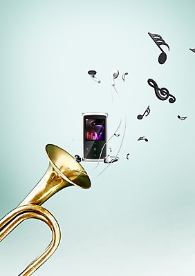 PSD 편집이미지 악기 음악 이어폰 음향기기 음표 관악기 취미 사람없음 전자제품 기계 높은음자리표 MP3 금관악기 트럼펫 8분음표 소형가전제품 이미지편집 기호 문화예술 가전제품 파일형식