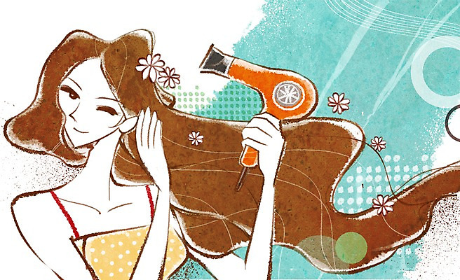 PSD 식물 우먼라이프 라이프스타일 긴머리 여자 꽃 일러스트 건조 한명 들기 사람 상반신 성인 라이프 뷰티 변화 드라이어 여자만 여자한명만 성인여자만 성인만 국내일러스트 1 헤어스타일 컨셉 모션 생활 미용용품 파일형식