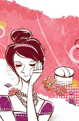 PSD 식물 우먼라이프 라이프스타일 여자 꽃 일러스트 목걸이 한명 들기 사람 상반신 성인 라이프 화장 뷰티 화장품 화장용품 변화 파우더 분 여자만 여자한명만 성인여자만 성인만 국내일러스트 1 컨셉 장신구 모션 생활 미용용품 파일형식