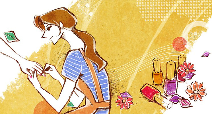 PSD 식물 우먼라이프 라이프스타일 손 여자 꽃 일러스트 관리 사람 앉기 상반신 성인 두명 라이프 뷰티 앞치마 변화 손톱관리 네일아트 매니큐어 아티스트 여자만 성인여자만 성인만 국내일러스트 직업 컨셉 모션 생활 신체부위 화장품 파일형식