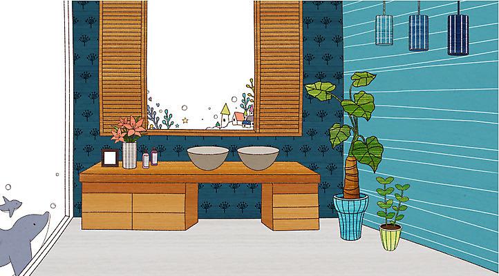 PSD 식물 동물 꽃 화분 가구 액자 백그라운드 일러스트 창문 상상 조명 주택 상상일러스트 사람없음 건물 장식 인테리어 위생용품 욕실 오브젝트 세면대 돌고래 화장실 국내일러스트 건축물 디자인 생활용품 포유류 수중동물 파일형식