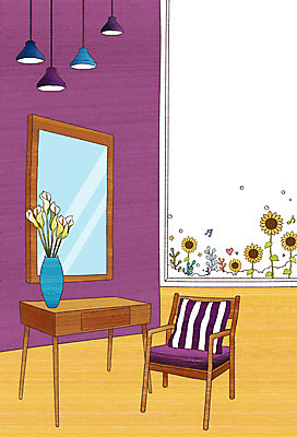 PSD 식물 꽃 가구 백그라운드 의자 일러스트 창문 상상 탁자 해바라기 조명 상상일러스트 사람없음 장식 인테리어 꽃병 거울 방 오브젝트 화장대 국내일러스트 디자인 생활용품 파일형식