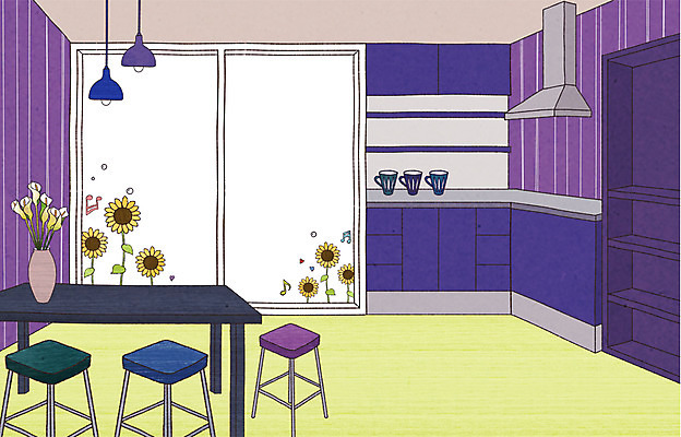 PSD 식물 꽃 가구 백그라운드 의자 일러스트 창문 상상 식탁 탁자 해바라기 조명 선반 상상일러스트 사람없음 장식 컵 인테리어 주방 꽃병 오브젝트 싱크대 환기구 국내일러스트 식기 디자인 생활용품 개수대 환풍기 파일형식