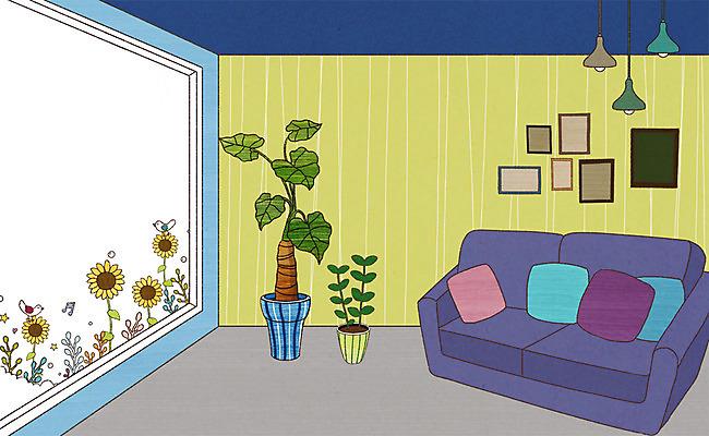 PSD 식물 동물 화분 가구 액자 백그라운드 쿠션 거실 의자 일러스트 창문 상상 조류 해바라기 조명 상상일러스트 사람없음 장식 인테리어 소파 오브젝트 국내일러스트 디자인 꽃 생활용품 파일형식