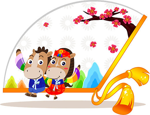 식물 동물 캐릭터 동물캐릭터 일러스트 전통캐릭터 새해 산 전통소품 사람없음 손들기 벚꽃 나뭇가지 십이지신 말_동물 부채 벚나무 전통의상 한복 신년캐릭터 말띠 2014년 갑오년 말캐릭터 일러캐릭터 AI파일 나무 한국전통 전통 꽃 포유류 모션 연도 오브젝트 파일형식 벡터