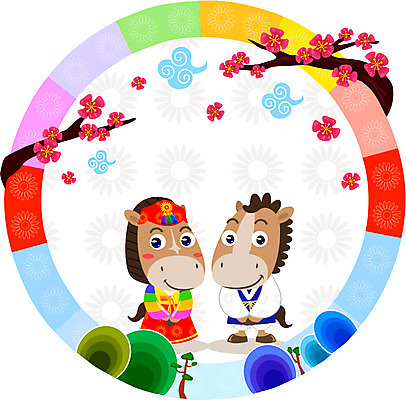 나무 식물 동물 구름 캐릭터 동물캐릭터 일러스트 전통캐릭터 새해 사람없음 벚꽃 새해인사 나뭇가지 십이지신 예절 말_동물 벚나무 전통의상 한복 신년캐릭터 말띠 2014년 갑오년 말캐릭터 손모으기 일러캐릭터 AI파일 자연요소 한국전통 전통 꽃 포유류 손짓 인사 연도 파일형식 벡터