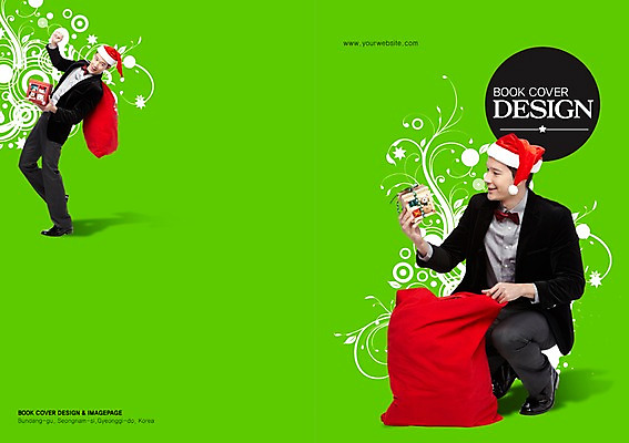 PSD 서양인 외국인 백인 템플릿 편집 모자 표지디자인 북디자인 출판디자인 기념일 표지 남자 컬러 백그라운드 크리스마스 무늬 북커버 산타모자 크리스마스선물 선물 서기 웃음 들기 사람 앉기 이벤트 팜플렛 두명 초록색 선물상자 산타클로스 보따리 이미지템플릿 모자_잡화 잡화 모션 표정 인종 상자 파일형식