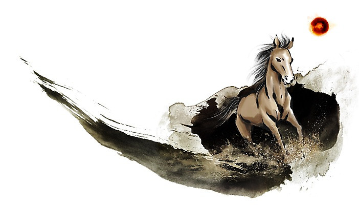 PSD 동물 캘리배경 백그라운드 일러스트 캘리그라피 근하신년 새해 수묵화 사람없음 태양 십이지신 말_동물 동양화 말띠 2014년 손그림 갑오년 국내일러스트 자연요소 포유류 미술 연도 파일형식