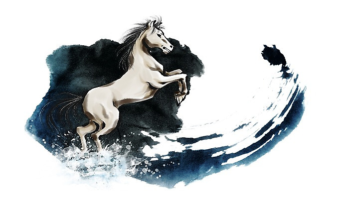 PSD 동물 파도 바다 캘리배경 백그라운드 일러스트 캘리그라피 근하신년 새해 수묵화 사람없음 물 십이지신 말_동물 동양화 말띠 2014년 손그림 갑오년 국내일러스트 자연요소 포유류 미술 연도 파일형식