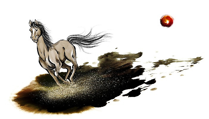 PSD 동물 모래 캘리배경 백그라운드 일러스트 캘리그라피 근하신년 새해 수묵화 사람없음 태양 십이지신 말_동물 동양화 말띠 2014년 손그림 갑오년 국내일러스트 자연요소 포유류 미술 연도 파일형식