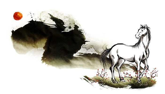 PSD 식물 동물 꽃 캘리배경 백그라운드 일러스트 캘리그라피 근하신년 새해 산 수묵화 초원 사람없음 태양 십이지신 말_동물 동양화 말띠 2014년 손그림 갑오년 국내일러스트 자연요소 포유류 미술 연도 파일형식