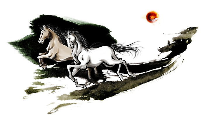 PSD 동물 캘리배경 백그라운드 일러스트 캘리그라피 근하신년 새해 수묵화 초원 사람없음 달리기 태양 십이지신 말_동물 동양화 말띠 2014년 손그림 갑오년 국내일러스트 자연요소 포유류 모션 미술 연도 파일형식