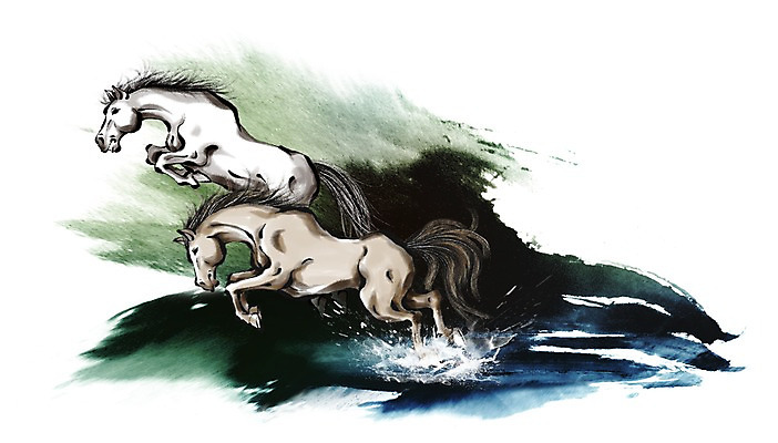 PSD 동물 바다 캘리배경 백그라운드 일러스트 캘리그라피 근하신년 새해 수묵화 사람없음 물 달리기 십이지신 말_동물 동양화 말띠 2014년 손그림 갑오년 국내일러스트 자연요소 포유류 모션 미술 연도 파일형식