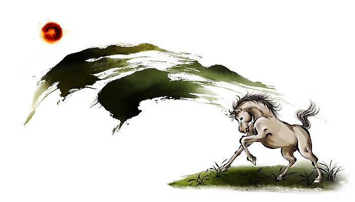 PSD 동물 캘리배경 백그라운드 일러스트 캘리그라피 근하신년 새해 수묵화 초원 사람없음 태양 십이지신 말_동물 동양화 말띠 2014년 손그림 갑오년 국내일러스트 자연요소 포유류 미술 연도 파일형식