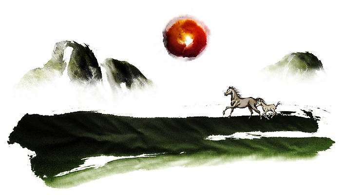 PSD 동물 캘리배경 백그라운드 일러스트 캘리그라피 근하신년 새해 산 수묵화 초원 사람없음 달리기 태양 십이지신 말_동물 동양화 말띠 2014년 손그림 갑오년 망아지 국내일러스트 자연요소 새끼 포유류 모션 미술 연도 파일형식