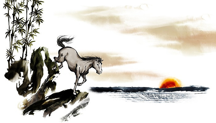 PSD 식물 동물 바다 캘리배경 백그라운드 일러스트 캘리그라피 근하신년 새해 수묵화 사람없음 물 태양 돌_바위 바위 십이지신 말_동물 대나무 동양화 말띠 2014년 손그림 갑오년 국내일러스트 자연요소 나무 포유류 미술 연도 파일형식