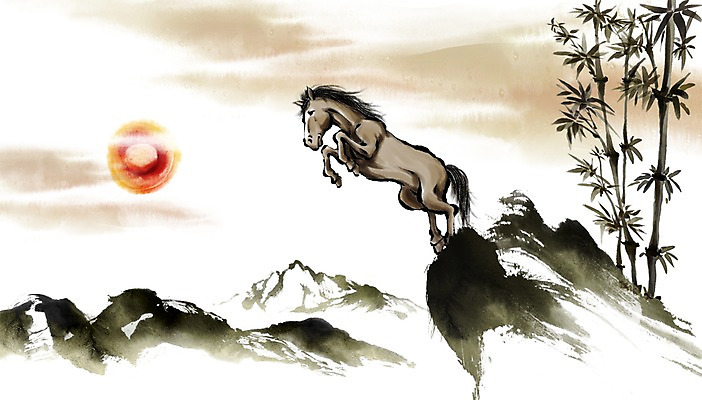 PSD 식물 동물 캘리배경 백그라운드 일러스트 캘리그라피 근하신년 새해 산 수묵화 사람없음 달리기 태양 절벽 돌_바위 바위 십이지신 말_동물 대나무 동양화 말띠 2014년 손그림 갑오년 국내일러스트 자연요소 나무 포유류 모션 미술 연도 파일형식