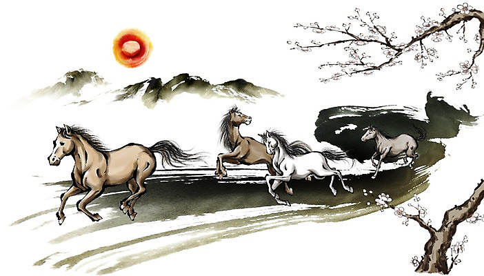 PSD 나무 식물 동물 캘리배경 백그라운드 일러스트 캘리그라피 근하신년 새해 산 수묵화 사람없음 달리기 태양 십이지신 말_동물 동양화 말띠 2014년 손그림 갑오년 국내일러스트 자연요소 포유류 모션 미술 연도 파일형식