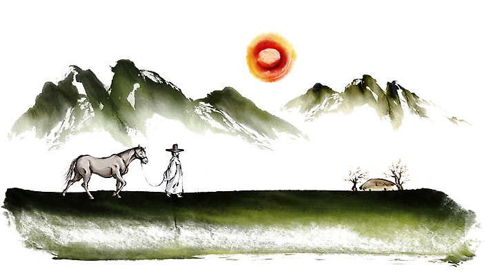 전신 PSD 동물 남자 캘리배경 백그라운드 일러스트 캘리그라피 근하신년 새해 산 주택 초가집 수묵화 한명 서기 사람 초원 성인 태양 십이지신 말_동물 동양화 말띠 2014년 손그림 갑오년 남자만 남자한명만 성인남자만 성인만 국내일러스트 자연요소 1 포유류 모션 한옥 미술 건물 연도 파일형식