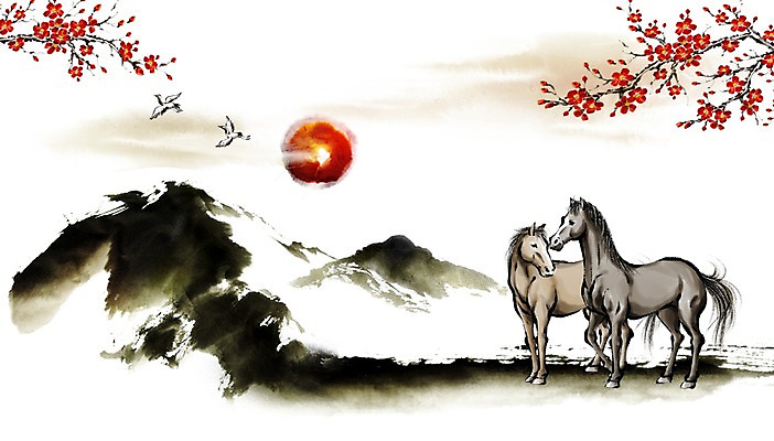 PSD 나무 식물 동물 캘리배경 백그라운드 일러스트 캘리그라피 조류 근하신년 새해 산 수묵화 사람없음 태양 학 십이지신 말_동물 동양화 말띠 2014년 손그림 갑오년 국내일러스트 자연요소 포유류 미술 연도 파일형식