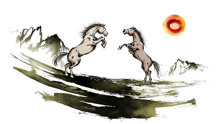 PSD 동물 캘리배경 백그라운드 일러스트 캘리그라피 근하신년 새해 산 수묵화 사람없음 태양 십이지신 말_동물 동양화 말띠 2014년 손그림 갑오년 국내일러스트 자연요소 포유류 미술 연도 파일형식