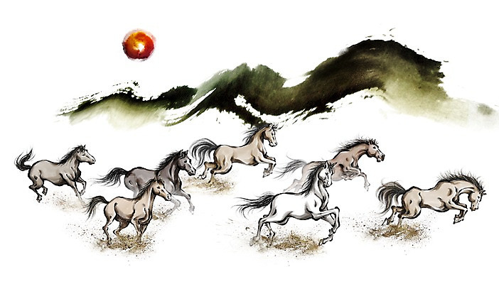 PSD 동물 캘리배경 백그라운드 일러스트 캘리그라피 근하신년 새해 산 수묵화 사람없음 달리기 태양 십이지신 말_동물 동양화 말띠 2014년 손그림 갑오년 국내일러스트 자연요소 포유류 모션 미술 연도 파일형식