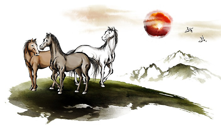 PSD 동물 캘리배경 백그라운드 일러스트 캘리그라피 조류 근하신년 새해 산 수묵화 초원 사람없음 태양 학 십이지신 말_동물 동양화 말띠 2014년 손그림 갑오년 국내일러스트 자연요소 포유류 미술 연도 파일형식