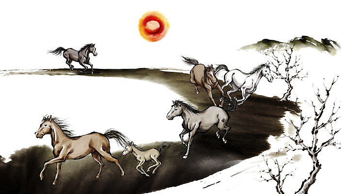 PSD 나무 식물 동물 캘리배경 백그라운드 일러스트 캘리그라피 근하신년 새해 산 수묵화 사람없음 달리기 태양 십이지신 말_동물 동양화 말띠 2014년 손그림 갑오년 망아지 국내일러스트 자연요소 새끼 포유류 모션 미술 연도 파일형식