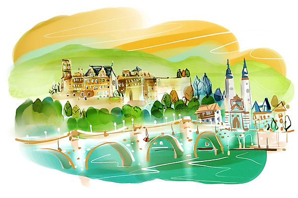 PSD 나무 식물 해외 시설물 건축물 유럽 여행 백그라운드 일러스트 유럽풍경 해외건축 독일 풍경 사람없음 건물 관광지 강 도시풍경 도시 성 세계명소 하이델베르크 가교 국내일러스트 건축 나라 파일형식