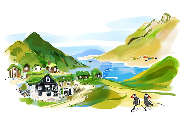 PSD 나무 식물 동물 해외 건축물 바다 섬 여행 백그라운드 일러스트 해외건축 조류 산 주택 풍경 사람없음 건물 관광지 도시풍경 마을 도시 세계명소 페로제도 국내일러스트 건축 덴마크 파일형식